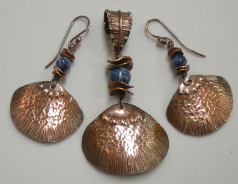 Judy Larson's Clamshell Earrings and Pendant - , Metalwork, Dapping, Dapping Jewelry, Filing, Finishing, How To Punch Holes, Hole Punching, Punch A Hole, Loops, Wire Loop, Wrapped Wire Loop, Oxidizing Wire, Oxidizing, Antiquing Wire, Antiquing, Texturing, Using liver of sulfur. 